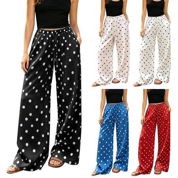 Endives Women's Wide Leg Pant Polka Dot Summer Satin Pants Casual Straight Leg Pants Beach Vacation Pants for Women Lounge Pant Daily Wear Leisure White M