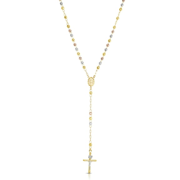 Floreo 10k Yellow Gold or Tri-Gold 3mm Rosary with Virgin Mary Medal and Crucifix of Jesus Cross Pendant Chain Necklace