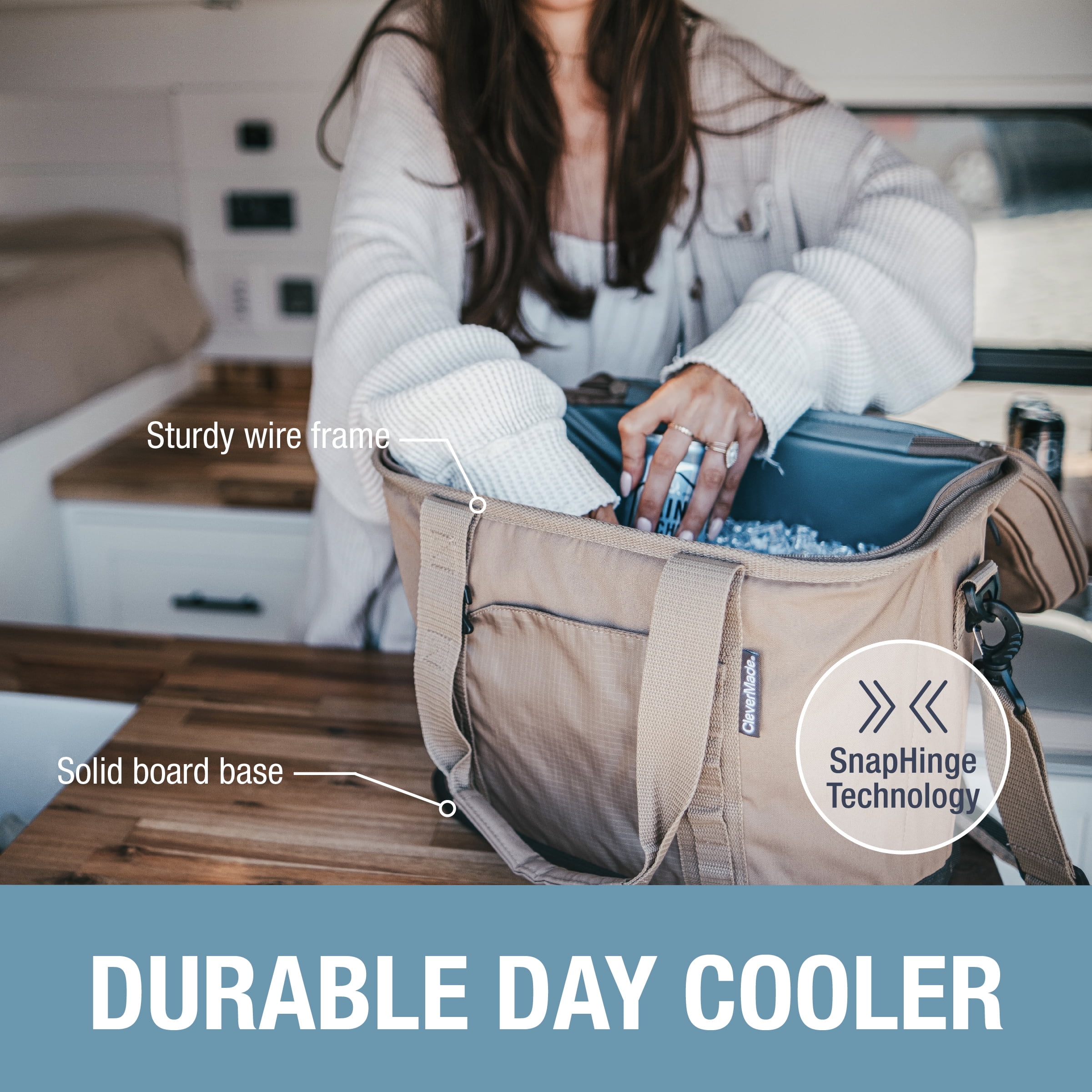 CleverMade 30 Can Soft-Sided Collapsible Insulated Cooler, Ocean/Cognac
