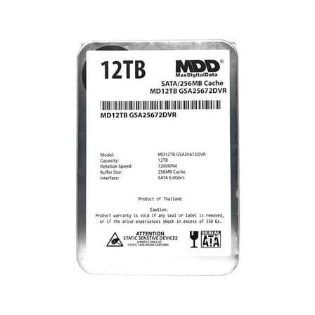 MaxDigitalData 12TB 7200 RPM 256MB Cache SATA 6.0Gb/s 3.5" Internal Hard Drive for Surveillance (MD12TGSA25672DVR) - 3 Years Warranty