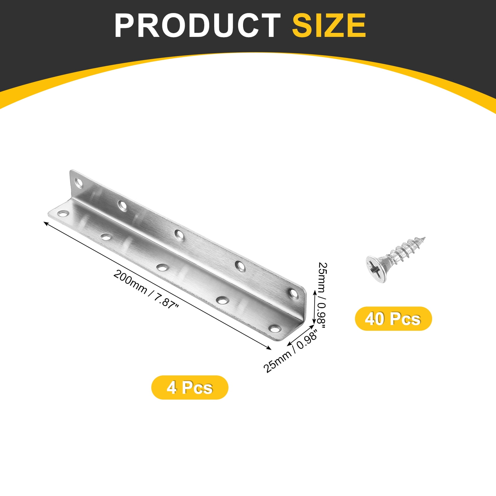 4Pcs L-Shaped Brackets Corner Brace, 0.98"x0.98"x7.87" Corner Bracket Shelf Bracket Right Angle Brackets for Wood Shelves Furniture (25x25x200mm, Silver)