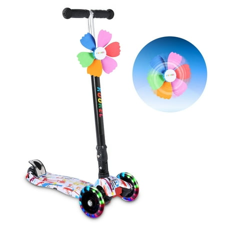 KUOKEL Folding Flashing PU Wheels for Kids Children 4 Wheel Adjustable Height Handle Kick Scooters with Mini Winnower (Best Scooter Wheels In The World)