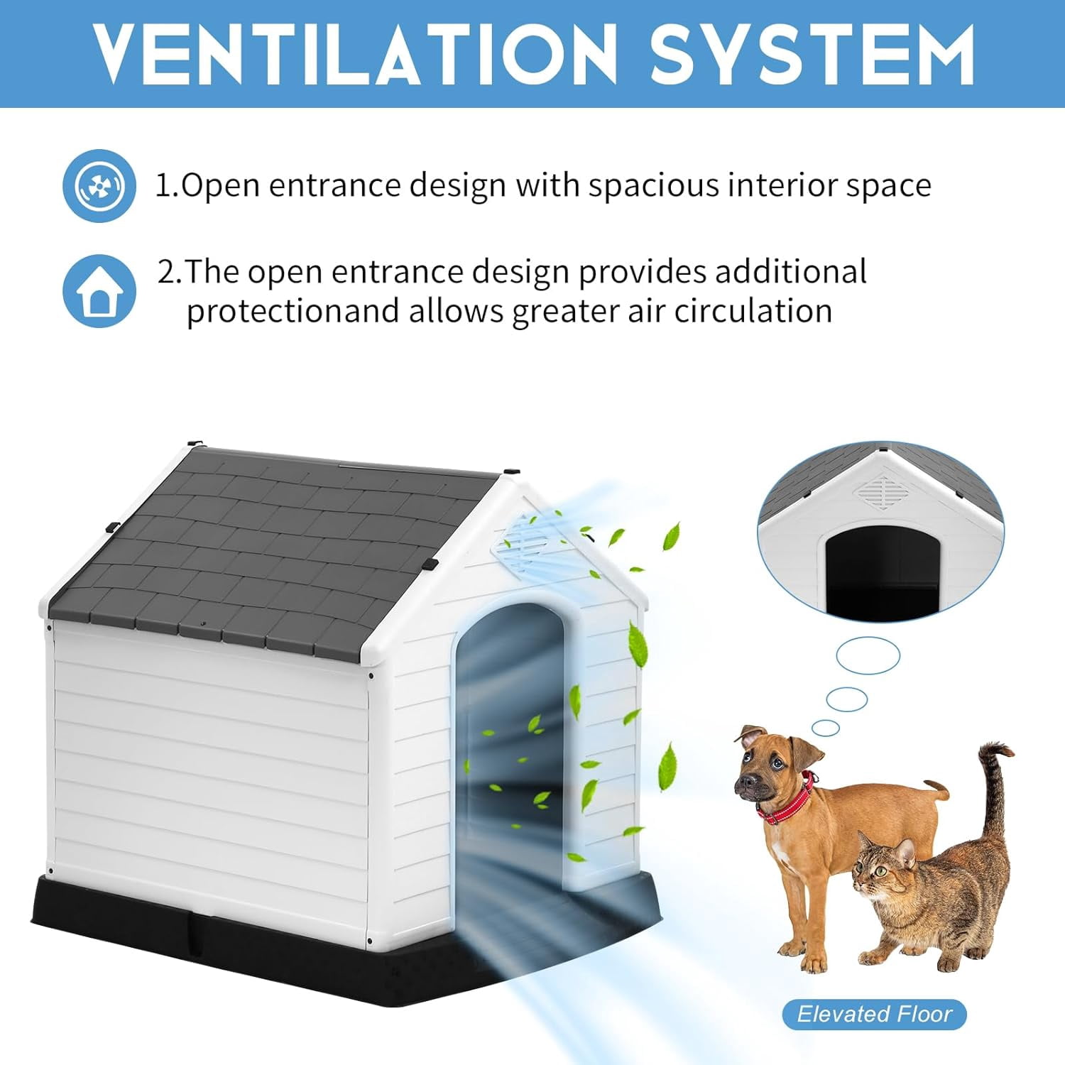 Dkelincs 28 inch Durable Plastic Dog House Indoor Outdoor Weatherproof Pet House with Air Vents and Elevated Floor, Gray
