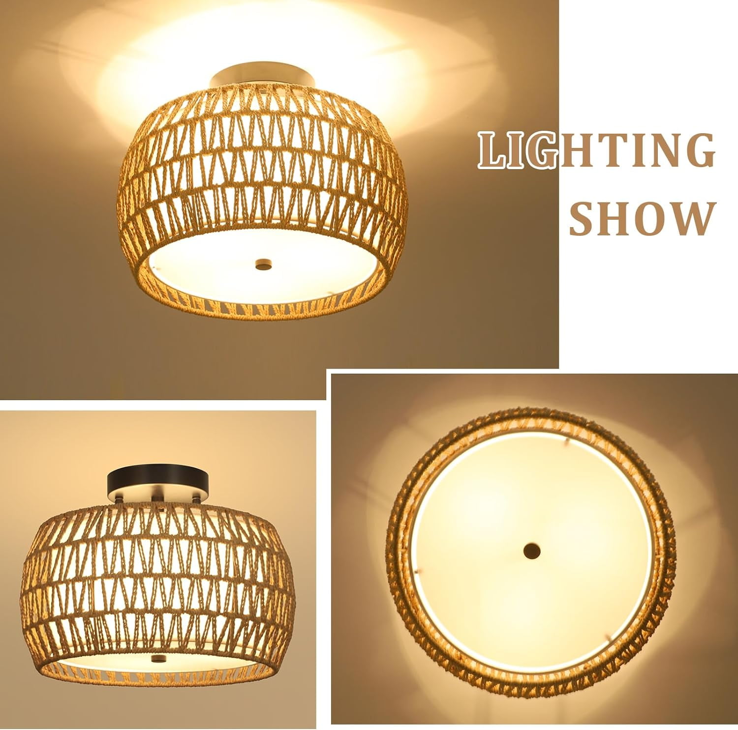 Boho Style Ceiling Light with Rattan Shade - Farmhouse Inspired Semi Flush Mount Fixture for Kitchen, Living Room, Bedroom and Hallway