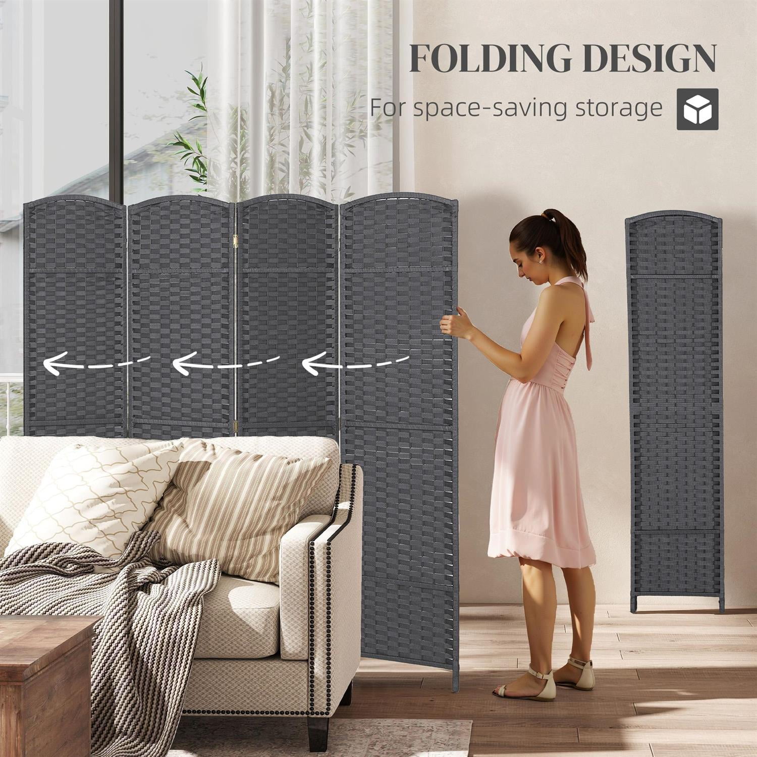 Demi Bonn 4 Panel Folding Room Divider Screen, 5.6' Tall Privacy Screen, Home Office Partition, Space Saving Design, Easy to Assemble, Gray