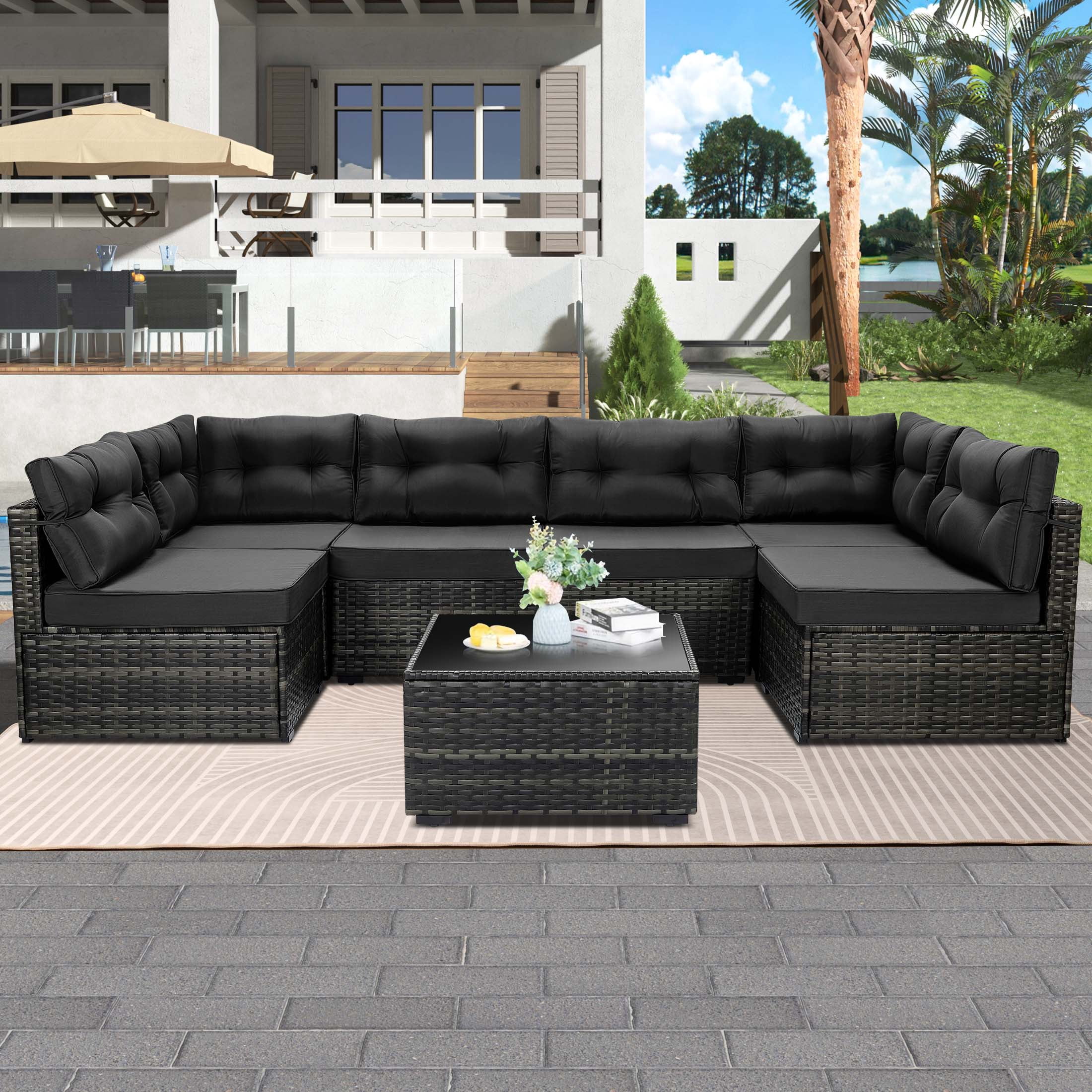 7 Piece Rattan Sectional Sofa Set, Outdoor Conversation Set, All-Weather Wicker Sectional Seating Group with Cushions & Coffee Table, Morden Furniture Couch Set for Patio Deck Garden Pool