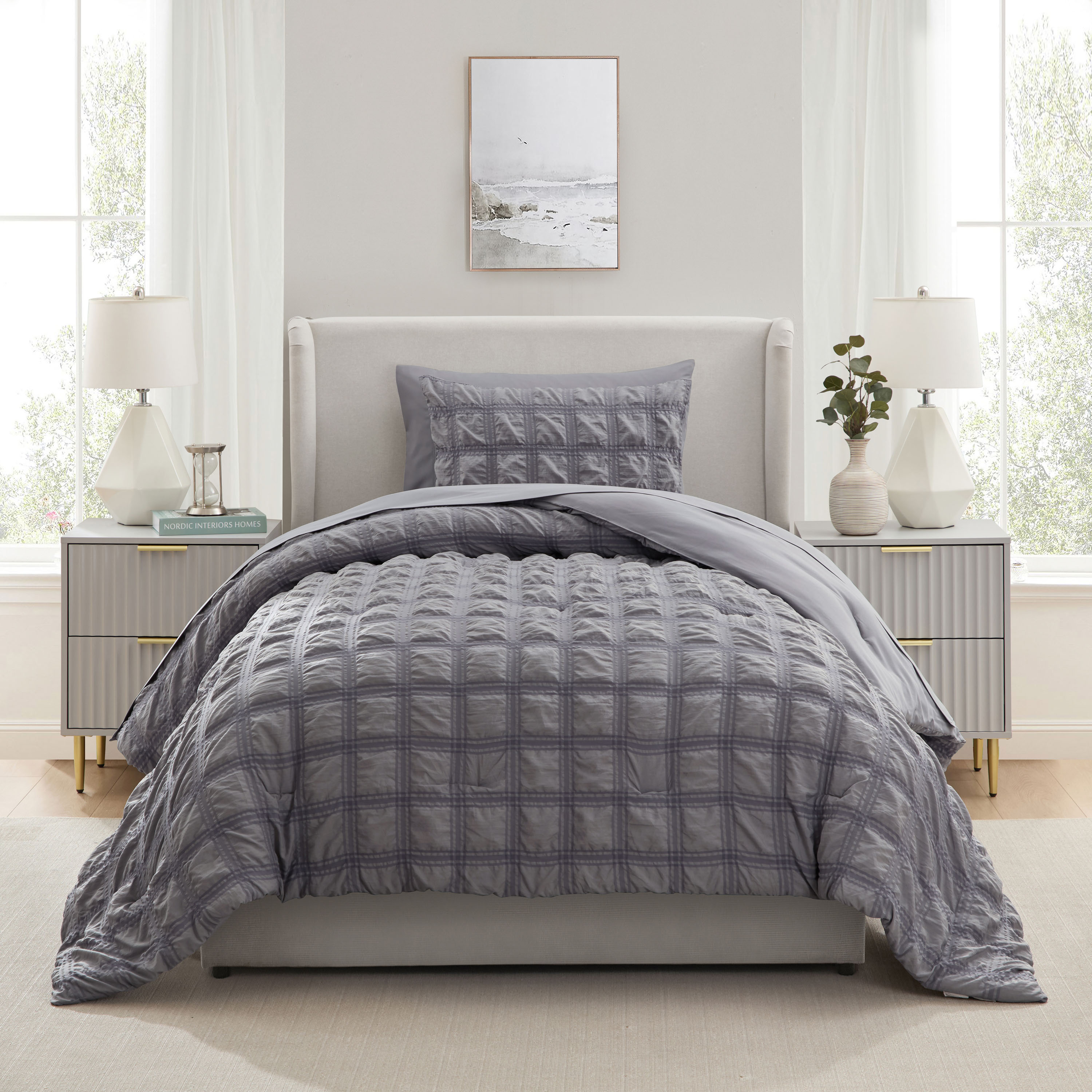 LammaLoe Twin Comforter Sets, 7 Piece Seersucker Bed in a Bag, Bedding Comforter Set with Sheets, Modern Bed Set, Gray