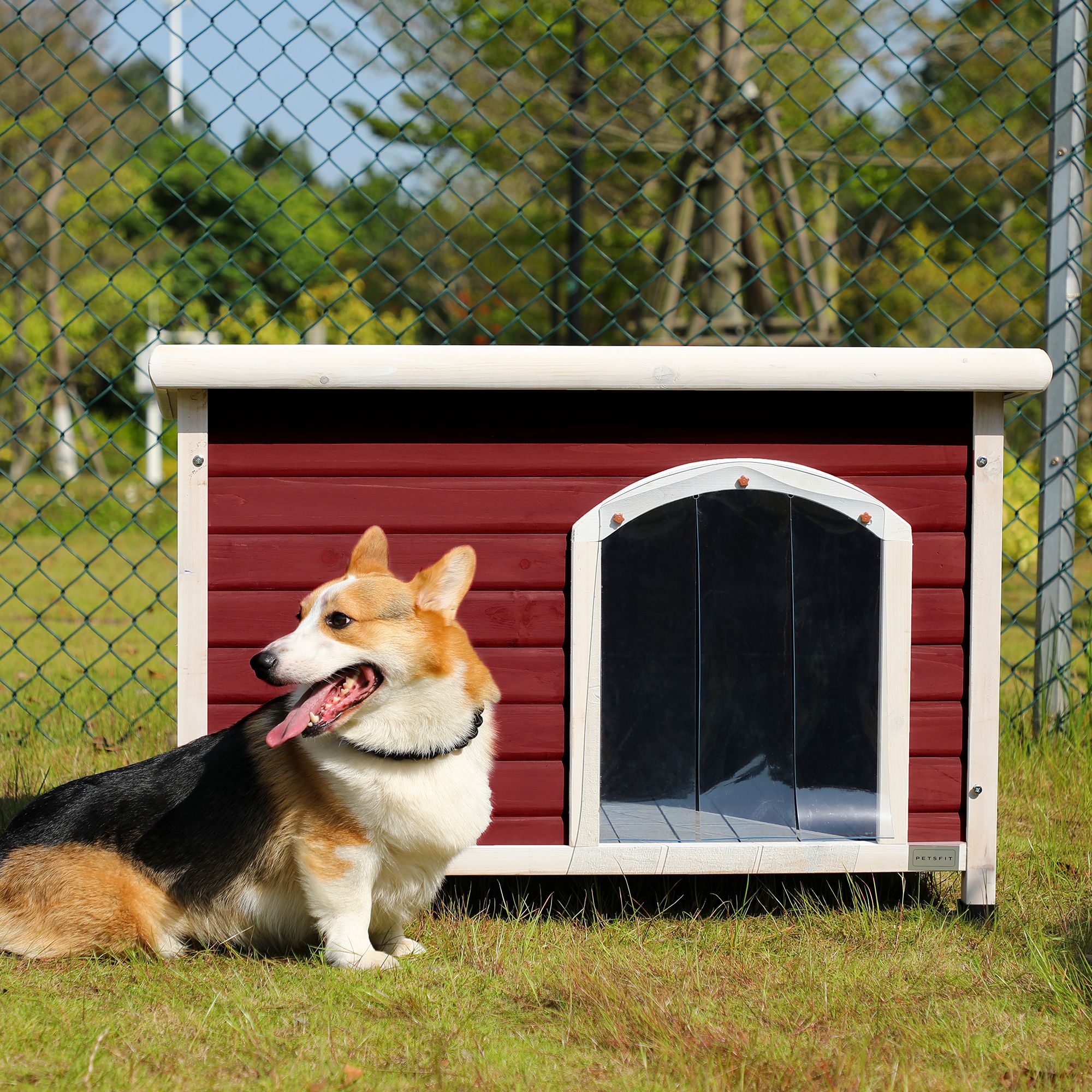Pefilos 41.5" Width Wooden Dog Houses for Small Medium Large Dogs Outdoor Weatherproof Dog Kennel with Raised Feet, Red