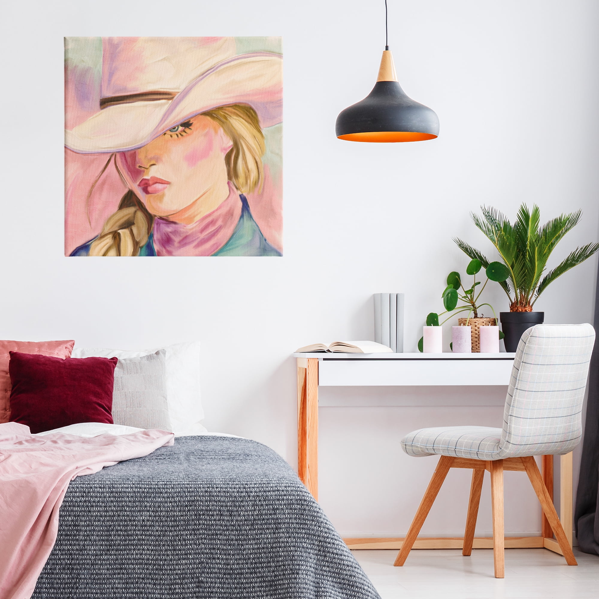 Pastel Cowgirl Gaze Beneath Hat Canvas Wall Art, design by Kim Allen