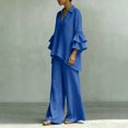 thumbnail image 4 of BRELIL Women Plus Size Two Piece Set V Neck Ruffle Sleeve Shirt Wide Leg Pants Casual Summer Loungewear Solid Boho Vacation Outfits Tracksuit Loose 2 Piece, Blue 4XL, 4 of 5