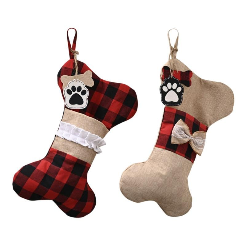 Details about   2PCS Pet Dog Christmas Stockings Buffalo-Plaid Large Bone Shape Stockings Dogs 