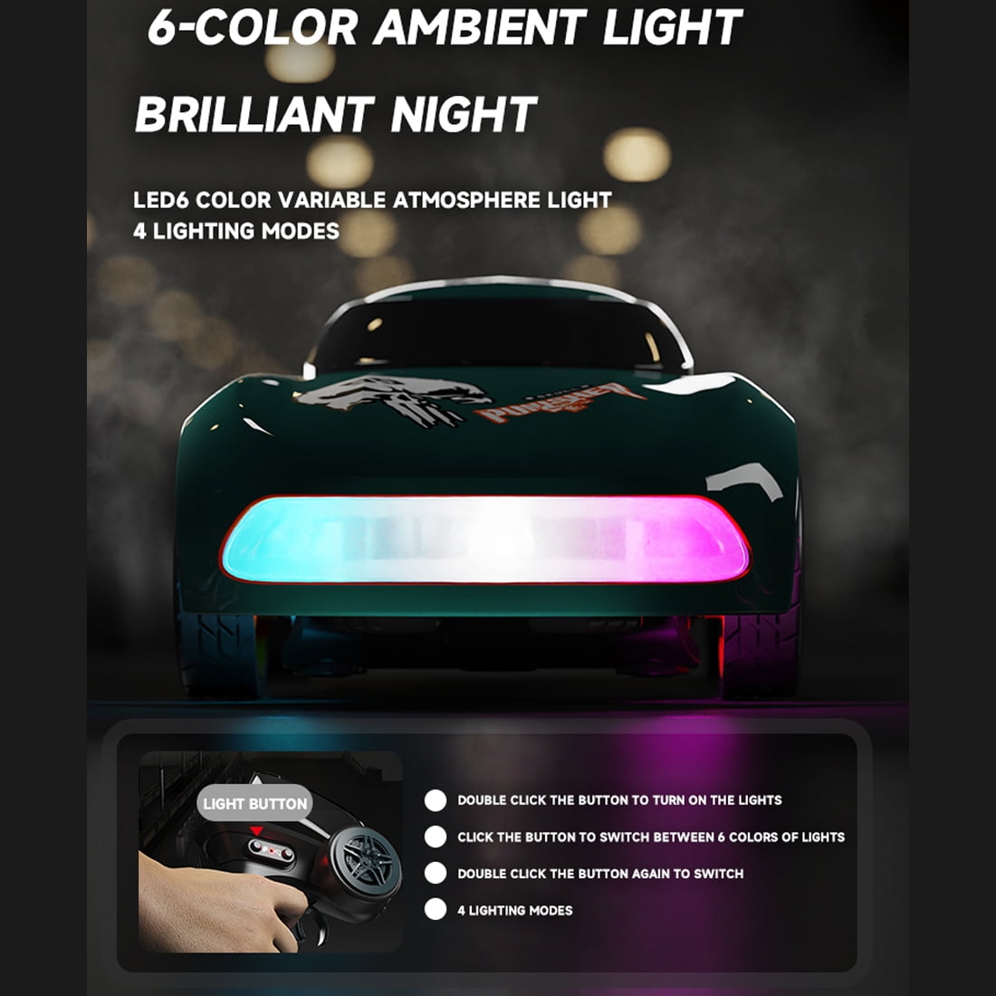 1:64 Mini 4WD RC Drift Car, Desktop High-Speed Racing Car 2.4G Proportional Remote Control, Colorful LED Lights & USB Charging –Toy for Adults