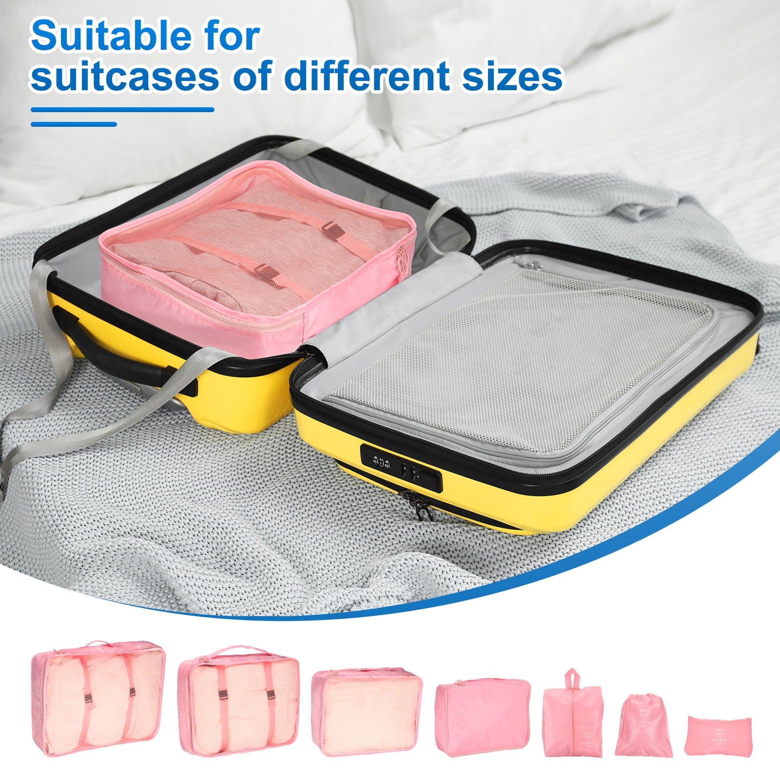 Uxcell 7Set Travel Packing Cube, Travel Bags Organizer Luggage Organizer Bags Lightweight Compression Cube Travel Essentials, Pink