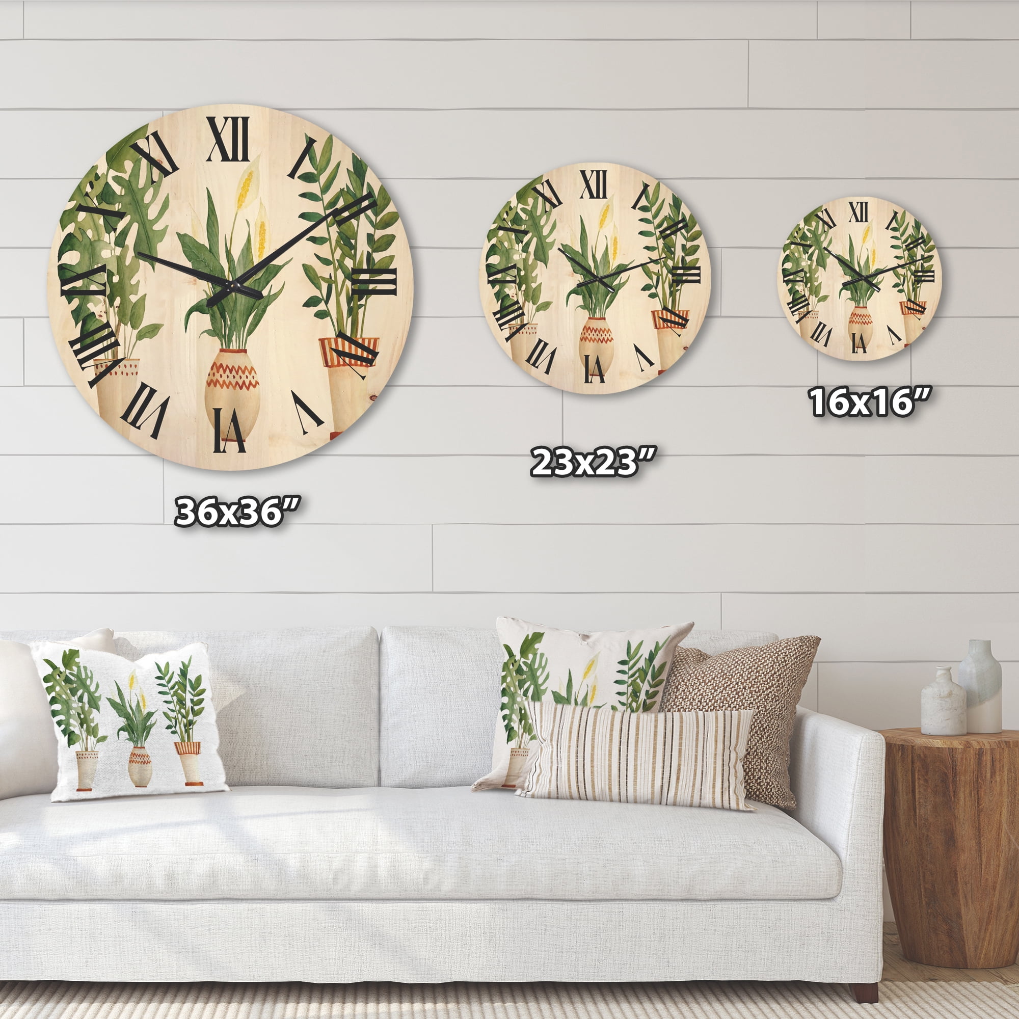 Designart 'Houseplant Peace Lily In Terra Cotta and Monstera' Farmhouse Wood Wall Clock