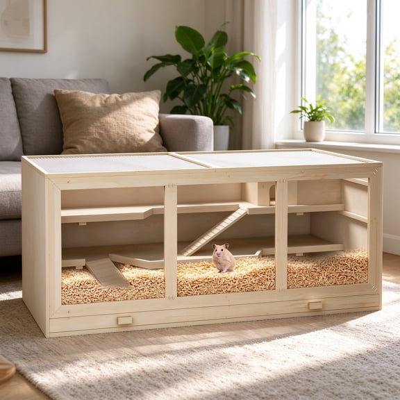 EDOEMSE Cozy 45" Extra Large Wooden Hamster Cage, 3-Layer Rat Cage with Opening Roof, PVC Window, Small Animal Habitat for Gerbil, Dwarf & Syrian Hamsters, Natural