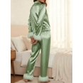 thumbnail image 6 of Womens Green Satin Stripe Pajama Set Long Sleeve Lapel Top Pants With Fur, 6 of 10