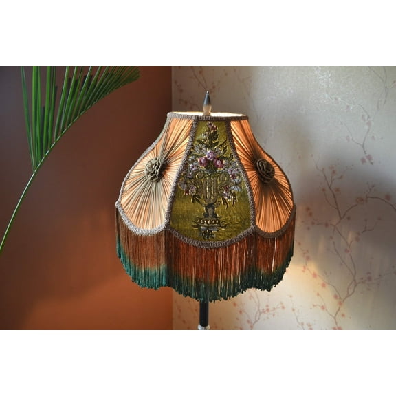 BespokeByNikita Victorian Dome Green Gold Fringe Velvet & Chiffon Lamp Shade