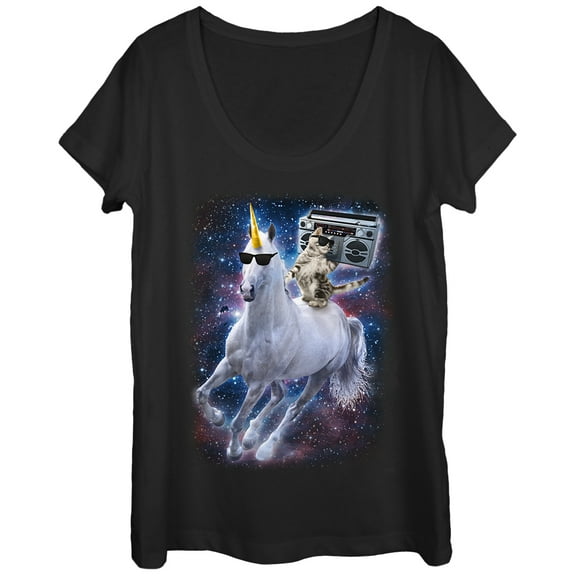 Women's Lost Gods Boombox Cat and Unicorn Space Song  Scoop Neck Black 2X Large
