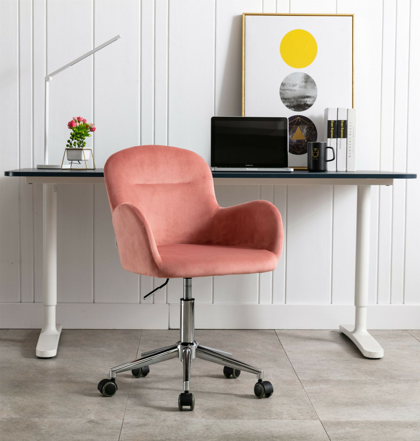 Ergonomic Office Velvet Chair With Wheels Home Office Executive Desk Chair Modern Pink Living