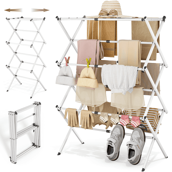 Clothes Drying Rack, KK KINGRACK Sturdy Extendable Laundry Drying Rack, Foldable Steel Drying Racks, White