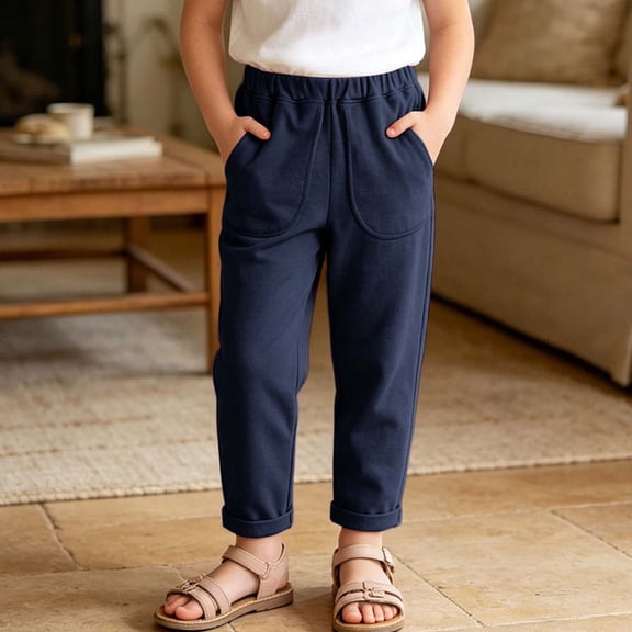 Oiangi Boys Girls Cotton Pants Elastic Waist Lightweight Trousers Casual Rolled Up School Uniform with Pockets Navy 6 Years