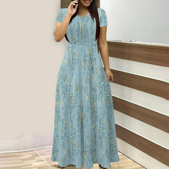 LOVZFMLL Robe Longue pour Femmes à Imprimé, à Manches Courtes, Col en V, Ceinture, Robe Longue pour Femmes à Manches Courtes, Col en V et Longueur Cheville, Bleu G