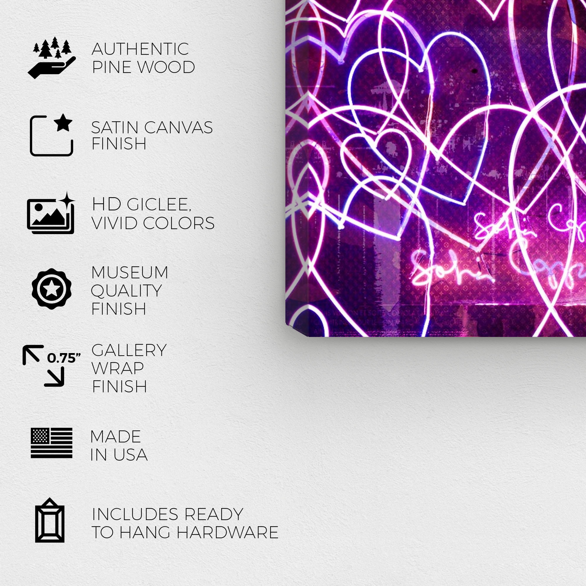 Wynwood Studio Fashion and Glam Modern Canvas Art - Purple LED Hearts, Wall Art for Living Room, Bedroom, and Bathroom, 30 in x 20, Purple and Pink Home Decor
