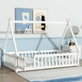 thumbnail image 2 of Newest Twin Tent-shaped Floor Bed,Teepee Bed with Guardrails,Slats , Door,White, 2 of 9