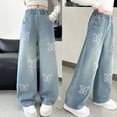 thumbnail image 4 of kpoplk Girls Wide Leg Jeans with Pockets Comfort Stretch Waist Casual Denim Trousers for Kids(Light Blue,13-14 Y), 4 of 5