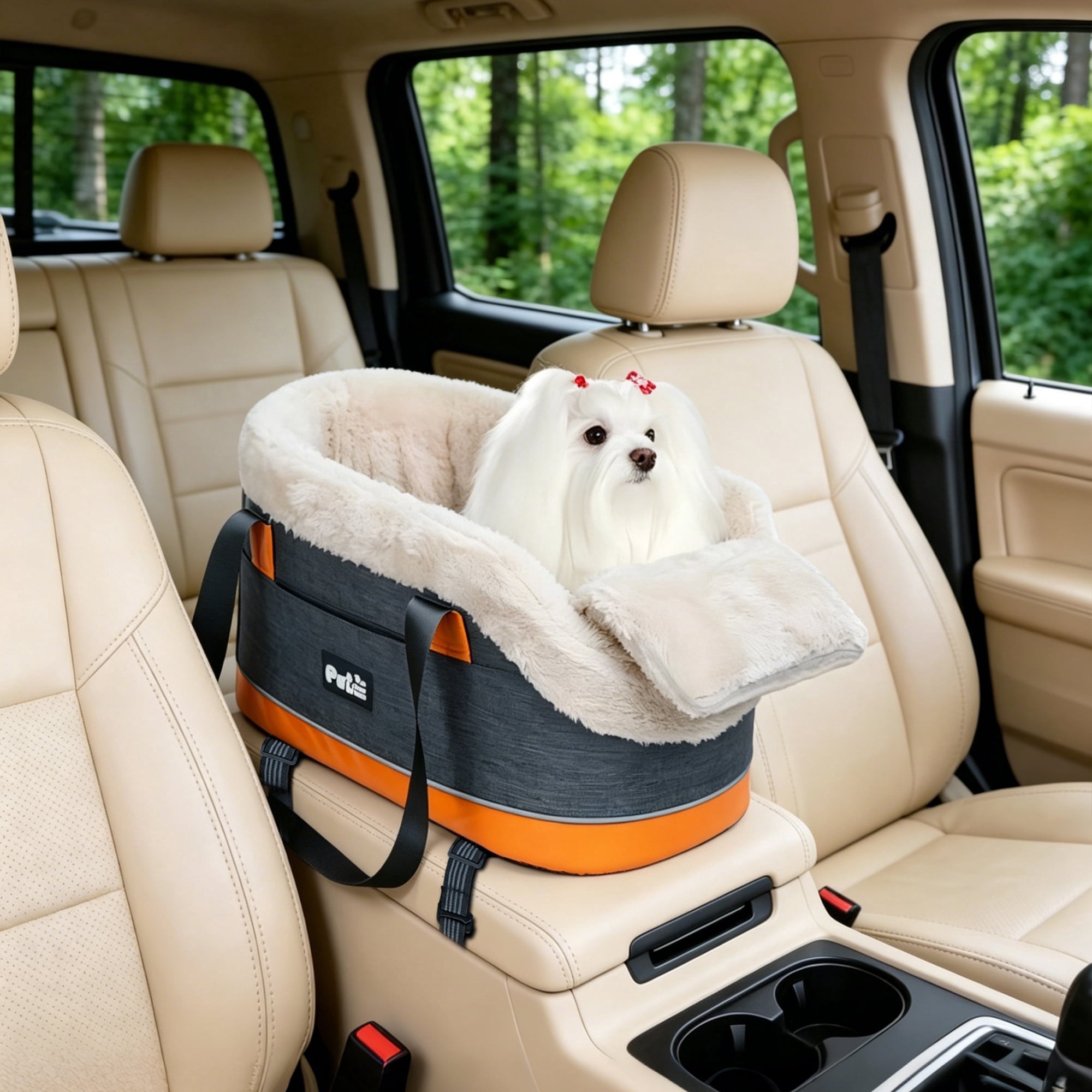 Center Console Dog/Cat Car Seat, Stable Pet Bed with 2 Anchor Straps & Driver's View for Small Dogs/Cats, 3-in-1 Small Dog Car Seat with Safety Lock & Non-Slip Base (Grey)