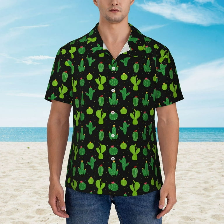 VISESUNNY Men's Casual Hawaiian Shirt - Llama & Cactus Floral Print, Quick-Dry, Short Sleeve (Size Medium, Multicolor)