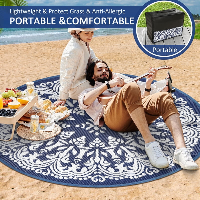 Aonewoe Round Outdoor Rugs 8Ft Waterproof Patio Plastic Straw Rug Reversible Camping Carpet Indoor Outdoor Area Rug for Patio,Deck,Balcony,Picnic,Beach,Outside