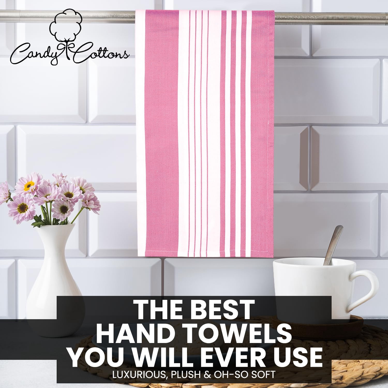 Candy Cottons Stripe Kitchen Towels Decor Mordern Design Centreband Dish Towels Boho Stripe Absorbent Festive Gift Set of 6 Pantry Reusable Kitchen Dish Towel|Easter Spring Decor 18x28 In |Pink