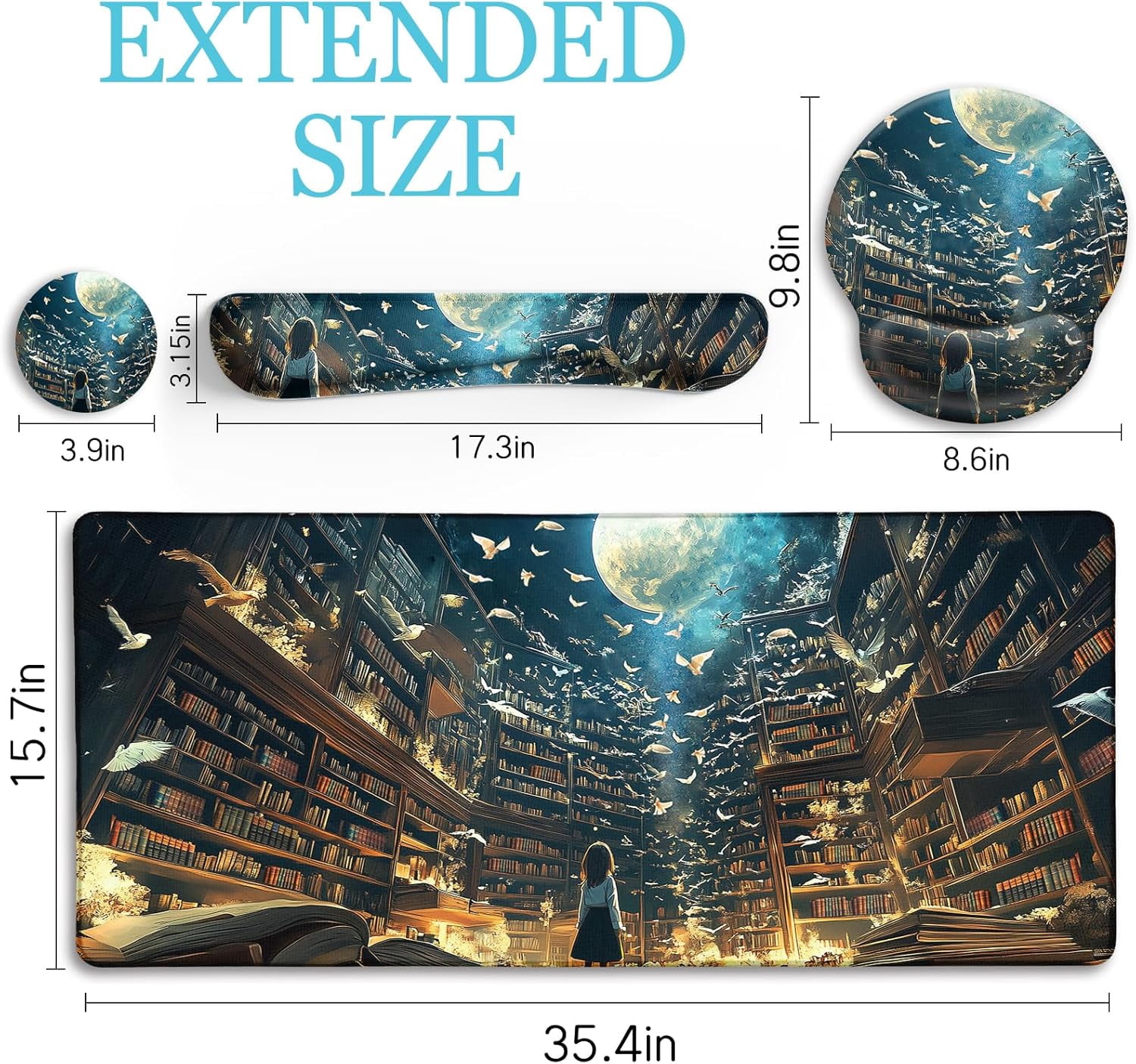 Anime Book Mouse Pad Set Large Desk Matt for Desktop, Ergonomic Mouse Pad with Wrist Rest, Gaming Mousepad Wrist Support Keyboard Mat Cup Coaster Set Cute Desk Accessories for Women Girl