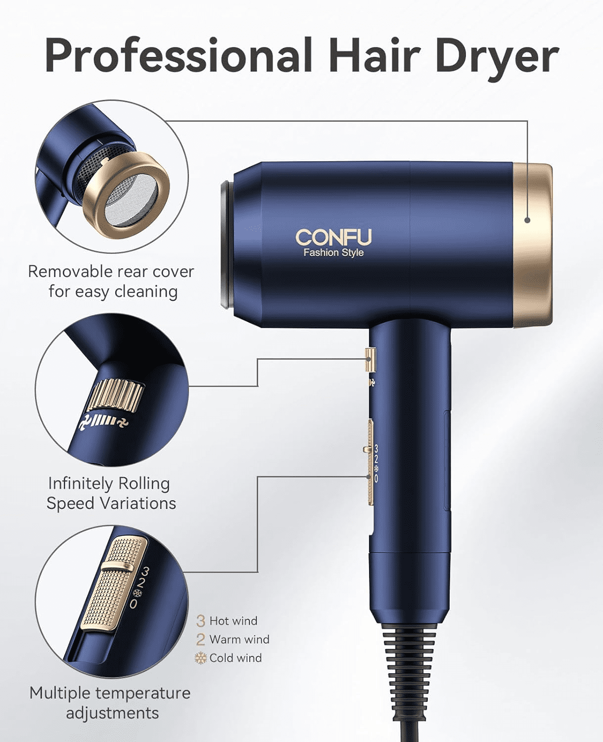 CONFU Ionic Blow Dryer 1600W, Ion Hairdryer Blowdryer, 3 Heat Settings & Infinity Speed, with Diffuser and Concentrator Nozzle for Home & Travel,Blue