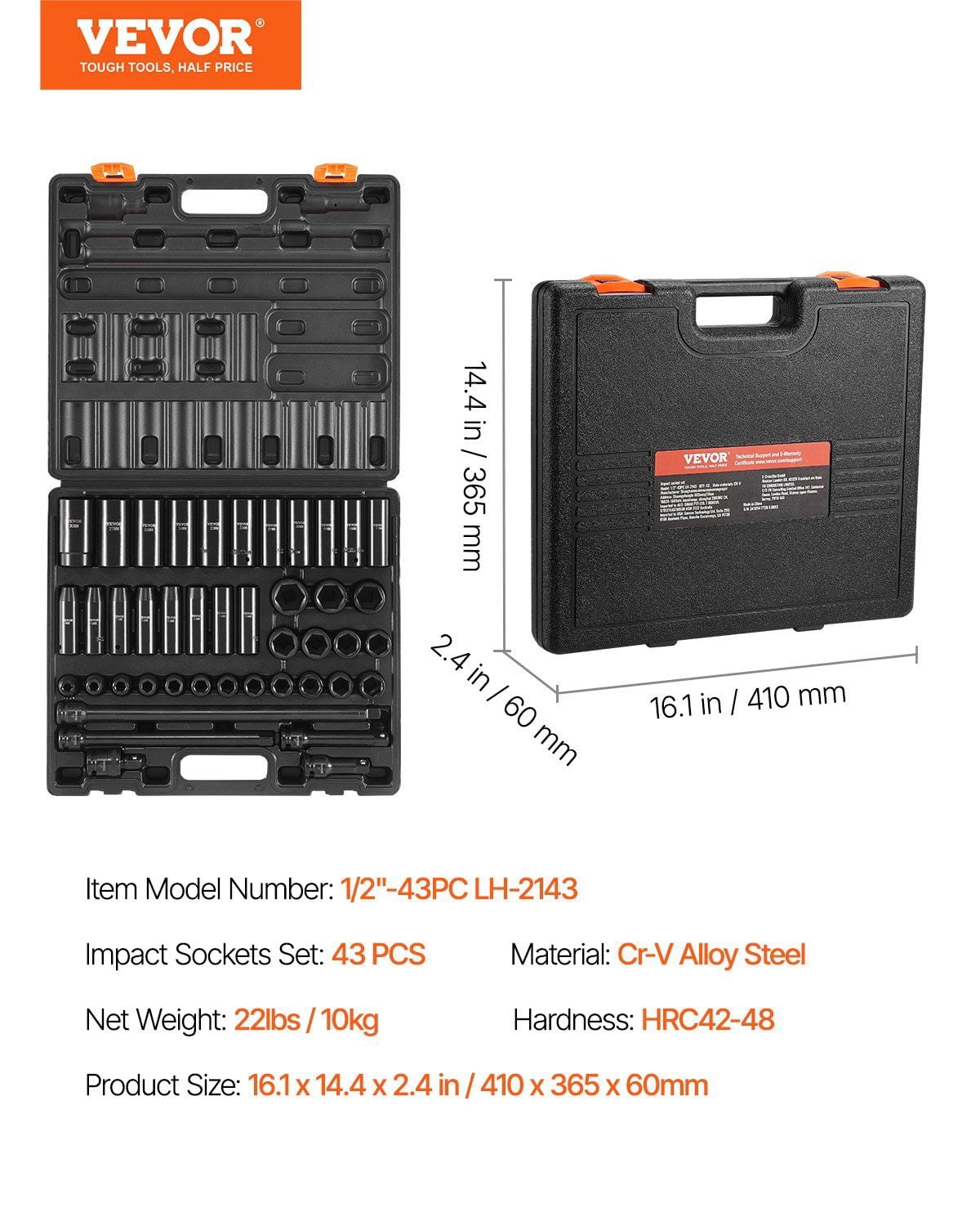 Impact Socket Set 1/2 Inches 43 Piece Impact Sockets, Standard Socket Assortment, 1/2 Inches Drive Socket Set 6-Point Sockets Metric 9-30mm