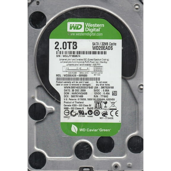 WD20EADS-00R6B0, DCM HARCHV2ABB, Western Digital 2TB SATA 3.5 Hard Drive