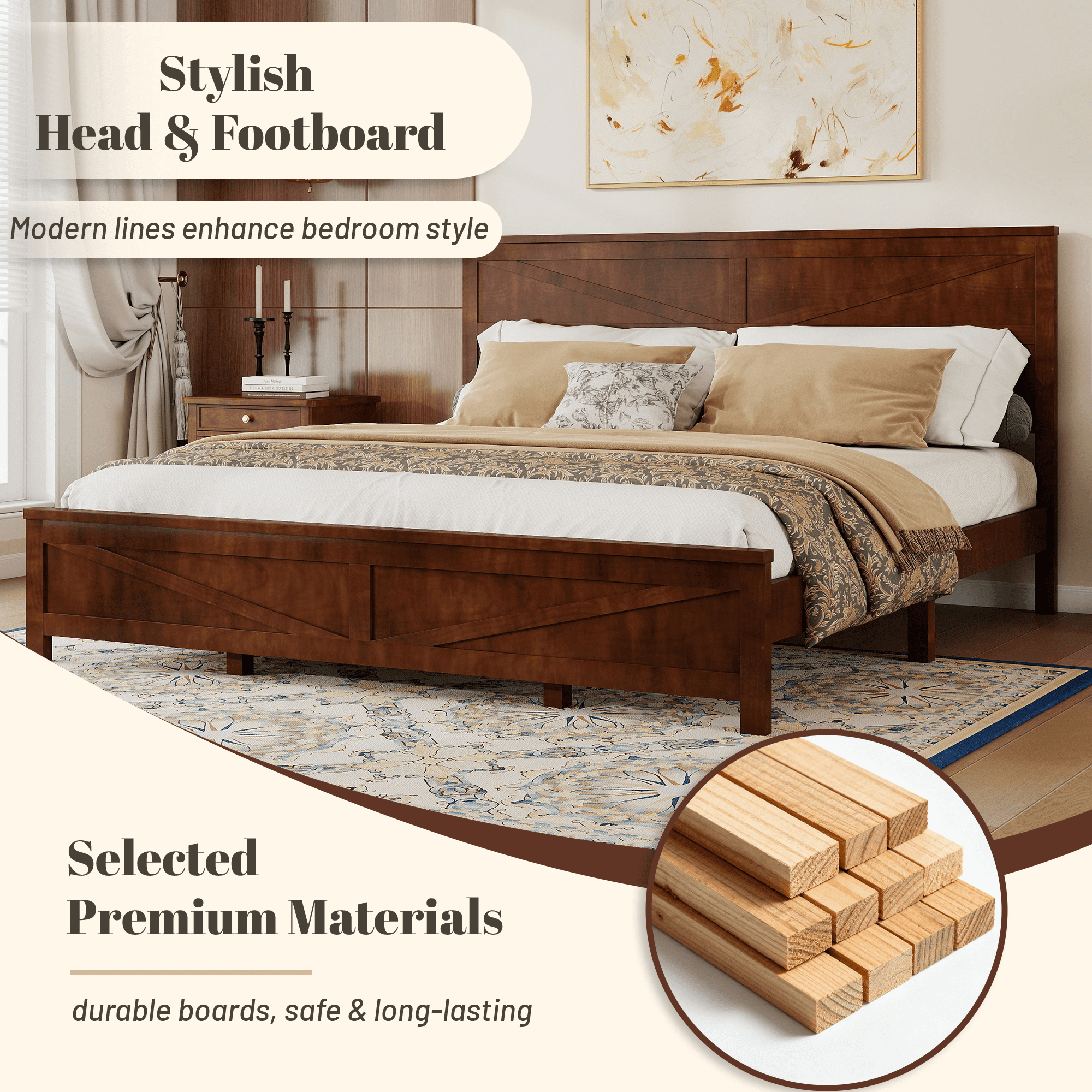 Mintazer Farmhouse King Size Platform Bed with Under-Bed Storage, Platform Bed Frame with Headboard & Footboard for Bedroom, Walnut