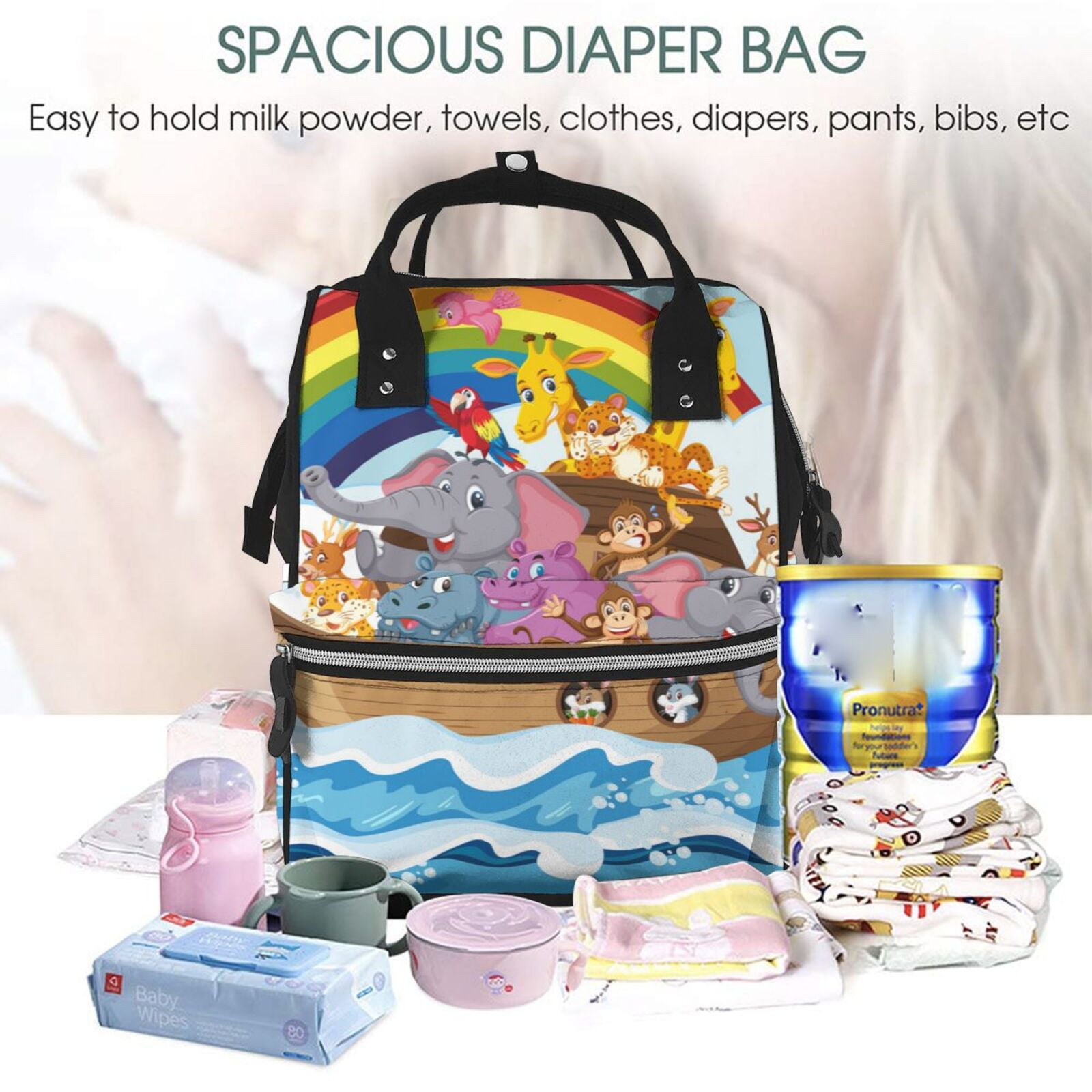 Ratiio Rainbow Animals on Noah's Ark Mummy Backpack - Waterproof Twill Canvas, Large Capacity Diaper Bag with Multiple Pockets and Adjustable Straps