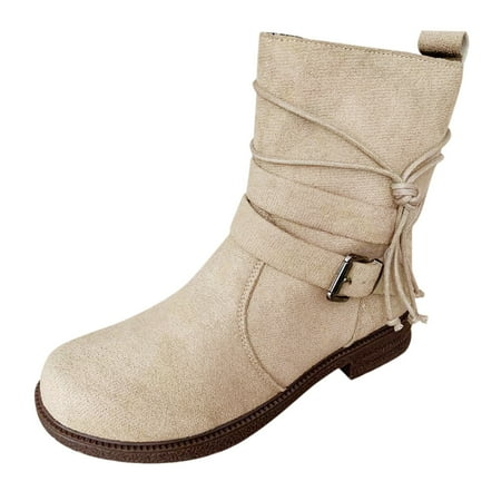 

Qxutpo Womens Booties Buckle Decor Tie Side Suede Casual Single Shoes Short Boots