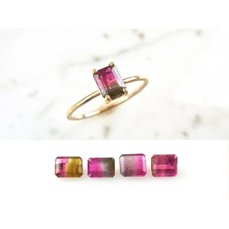 Gold Oval Cut Solitaire - Solitaire 2 Carat Emerald Cut Watermelon Tourmaline Engagement Ring in 10k Yellow Gold