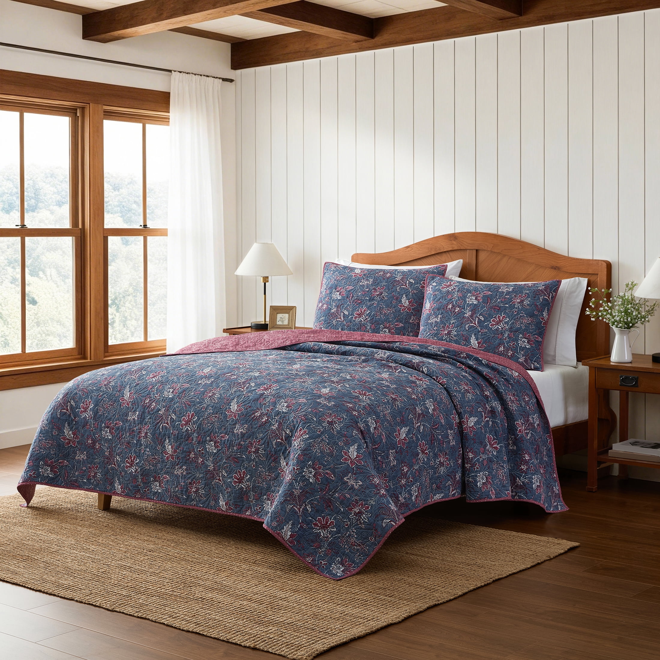 Country Home Queen Quilt Set, 100% Cotton & Reversible, Americana Floral Print, 3-Piece