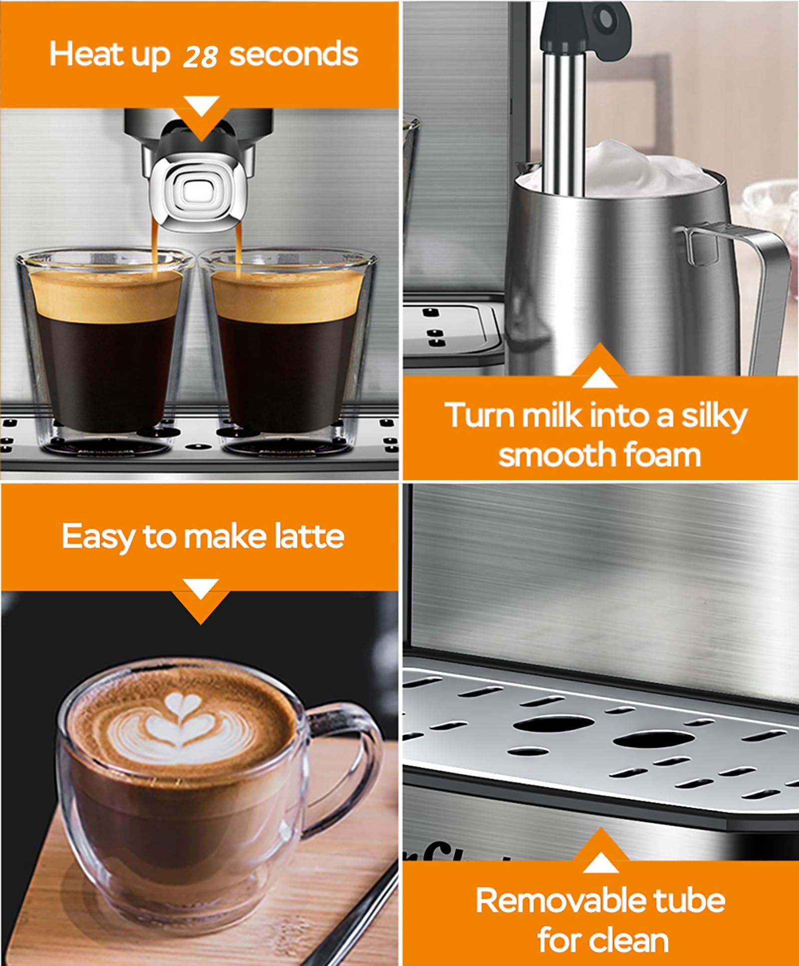 Home compact professional 20-bar espresso machine with milk frother, steam wand, pressure gauge, 54-ounce water tank, fast and powerful coffee maker