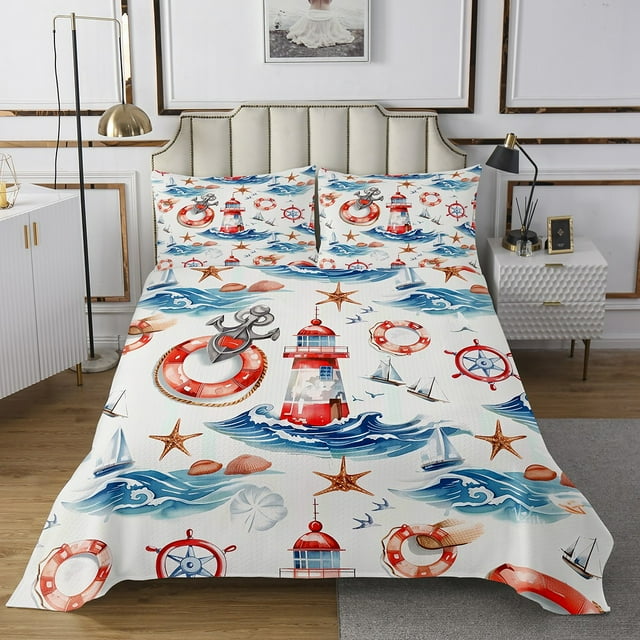 Erosebridal Nautical Bedspread Sets Queen Size, Anchor Compass Bed Quilt, Lighthouse Room Decor, 3 Pieces