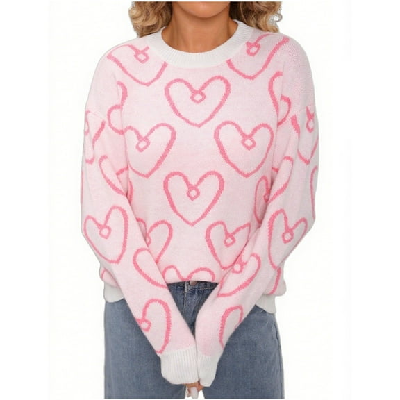 Tnhcen Women's Pink Heart Print Sweater Soft Acrylic Knit Top Loose Fit Casual Wear Round Neck Long Sleeve Pullover Cute Valentine's Day Design Warm Winter Comfort S-XL