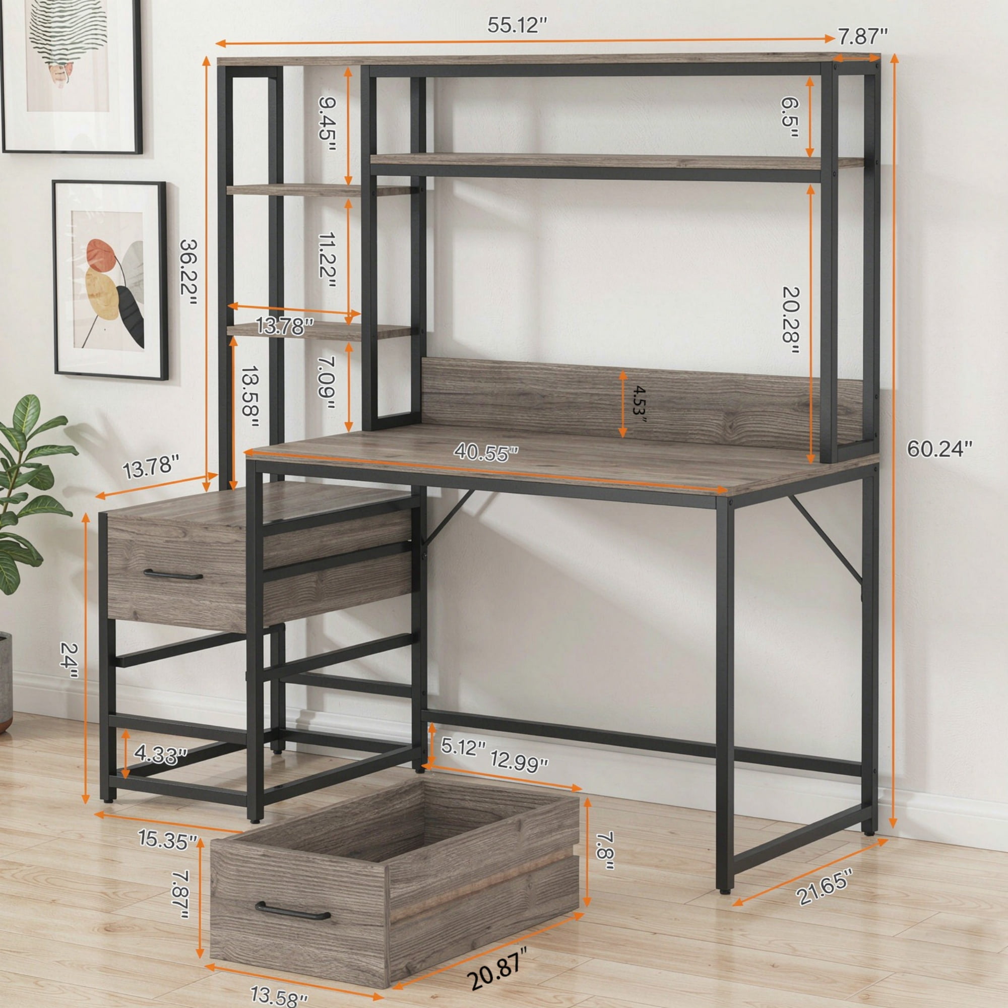 Astoutdoor Wood Computer Desk with 2 Drawers and Open Storage Shelves, 46.46 in Wide, 82.01 lb