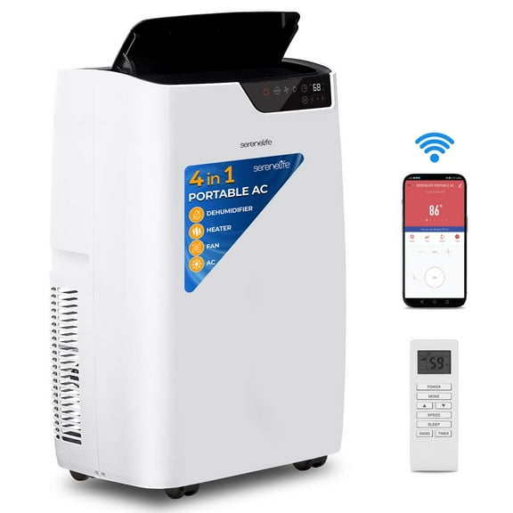 SereneLife Portable Air Conditioner 12000 BTU - 4-in-1 with Heating - Compact Standing Air Conditioner for Room Up to 380 Sq. Ft. - WiFi app   Remote Control, Window Mount Exhaust Kit