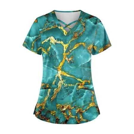

KSCYKKKD Womens Tops Plus Size Cute Printed Scrub Working Uniform Tops for Womens Cross V Neck Short Sleeve Fun T-shirtss Workwear Tee with Pockets Green L