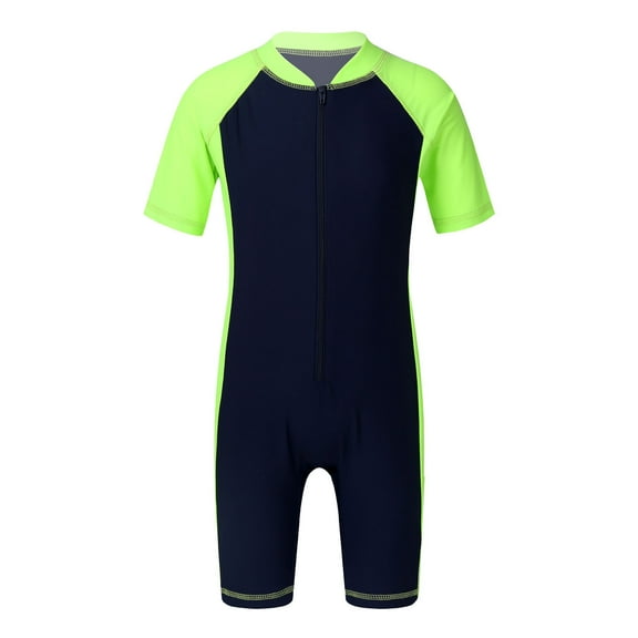 Xnihocha Kids Boys Girls One Piece Shorty Wetsuit Rash Guard Surfing Suit UV Sun Protection Swimsuit Navy Blue&Fluorescen 4