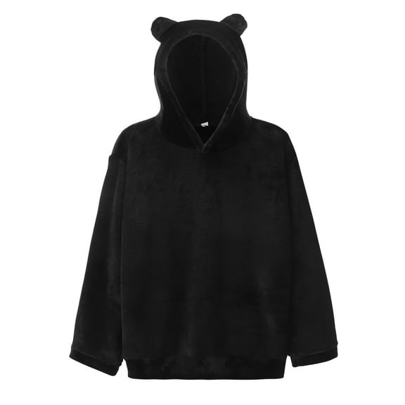 Tiqkatyck Long Sleeve Shirts for Women Long Sleeve Fleece Sweatshirt Warm Bear Shape Fuzzy Hoodie Pullover Womens Tops Black L